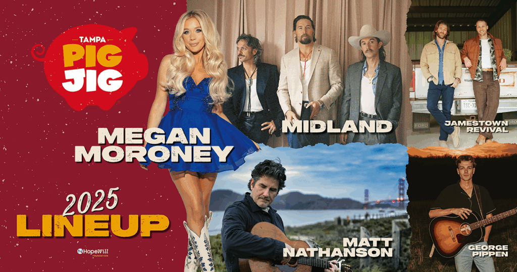 The 2025 Tampa Pig Jig Lineup with photos of each artist, including: Megan Moroney, Midland, Matt Nathanson, Jamestown Revival and George Pippen